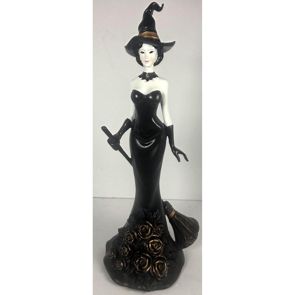 Eerie Elegance Witch Figurine 16in Black Gold Roses Broom Halloween Decor NEW